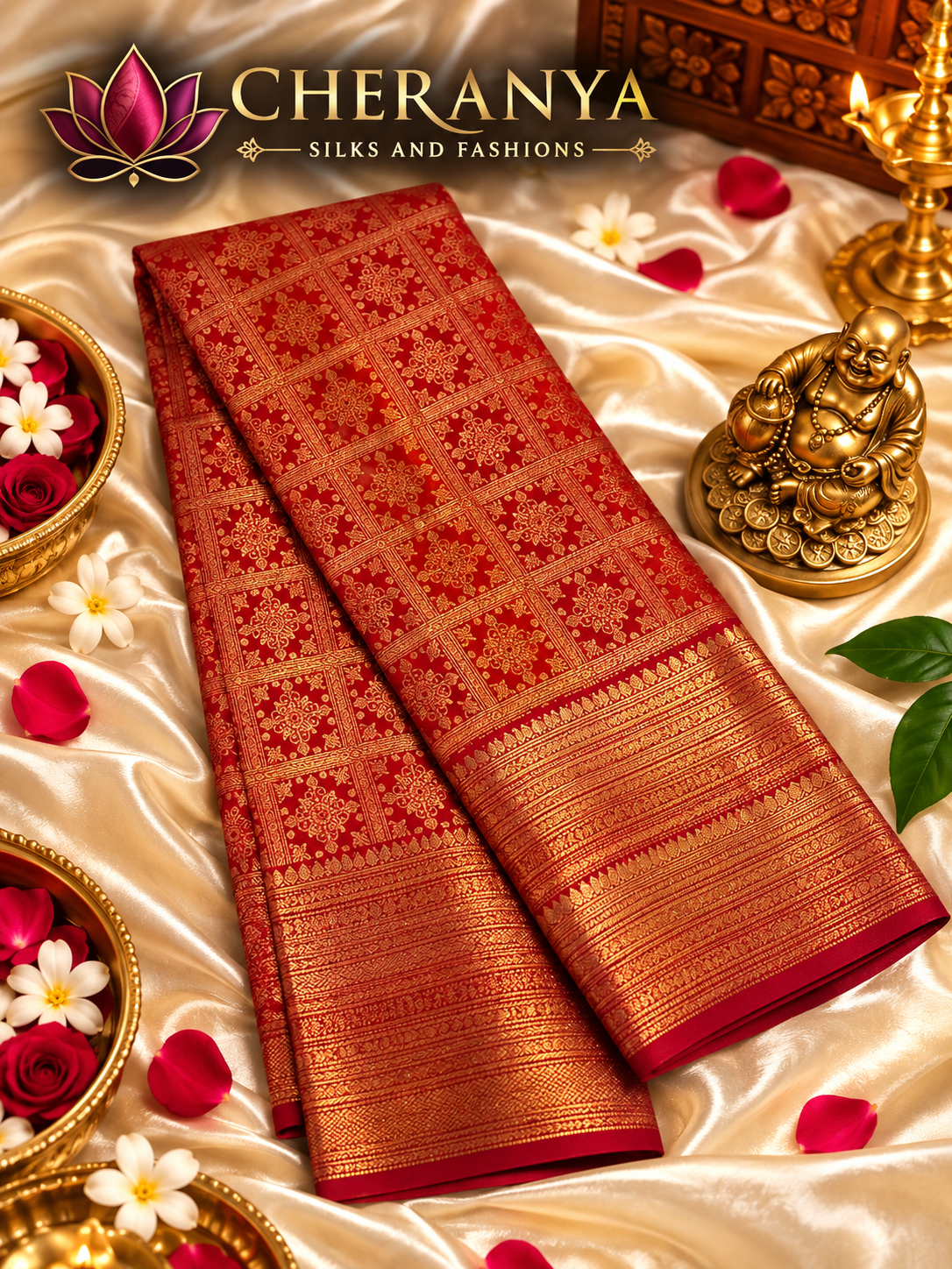 Cheranya Red Gold Silk Saree Display — Bridal Sarees