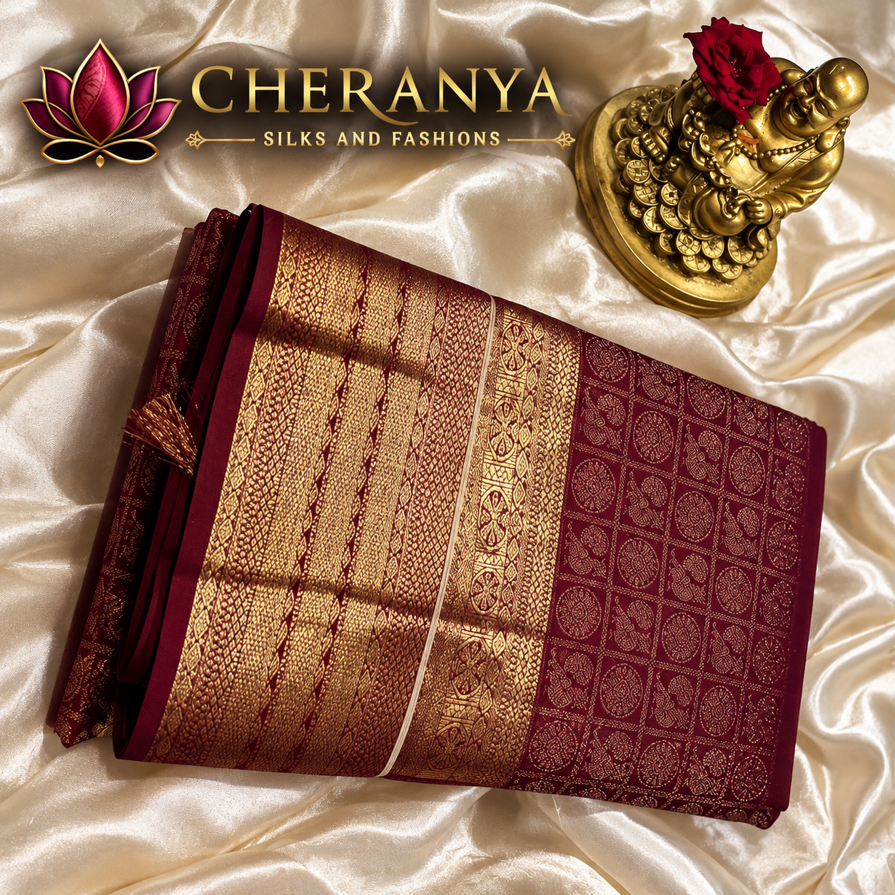 Luxury Maroon Silk Saree Flat Lay — Bridal Sarees