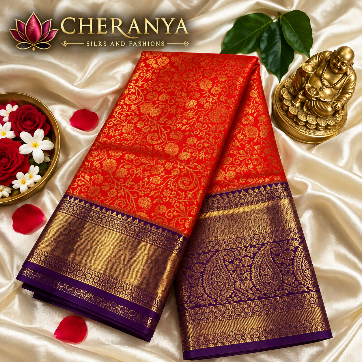 Luxury Red Gold Silk Saree Flat Lay — Bridal Sarees