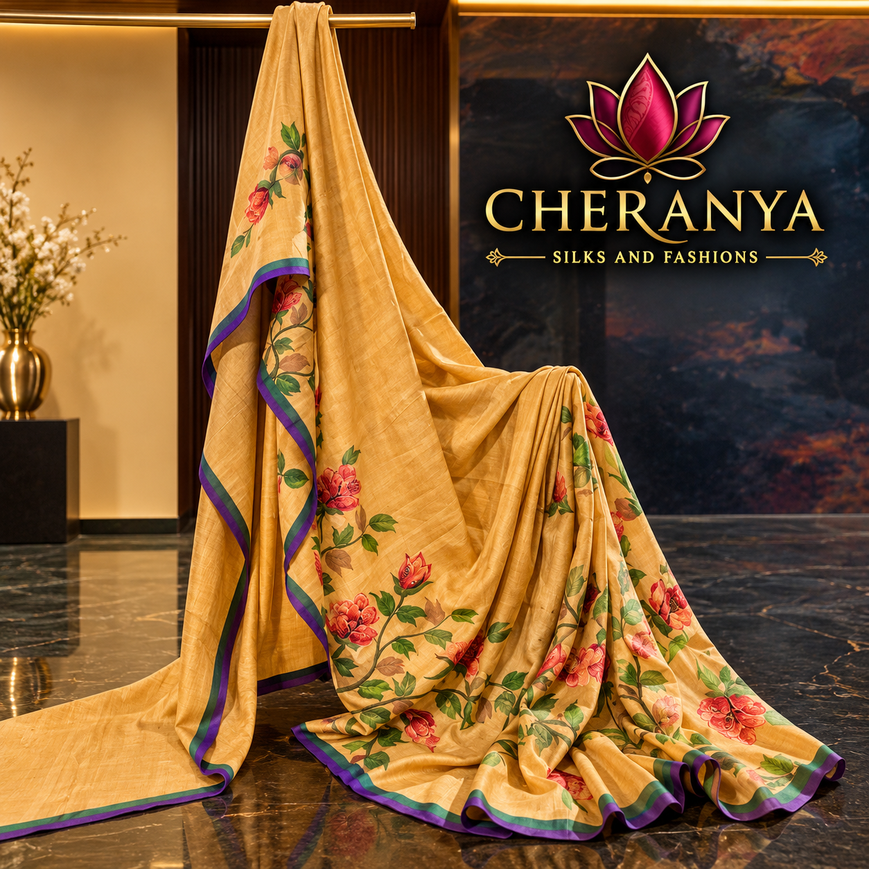 Luxury Mustard Floral Tussar Silk Saree — Designer/ Party Wear Sarees