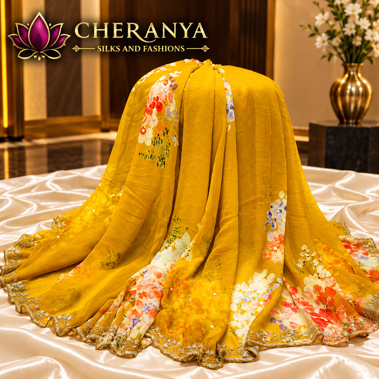 Mustard Gold Floral Saree Display — Designer/ Party Wear Sarees