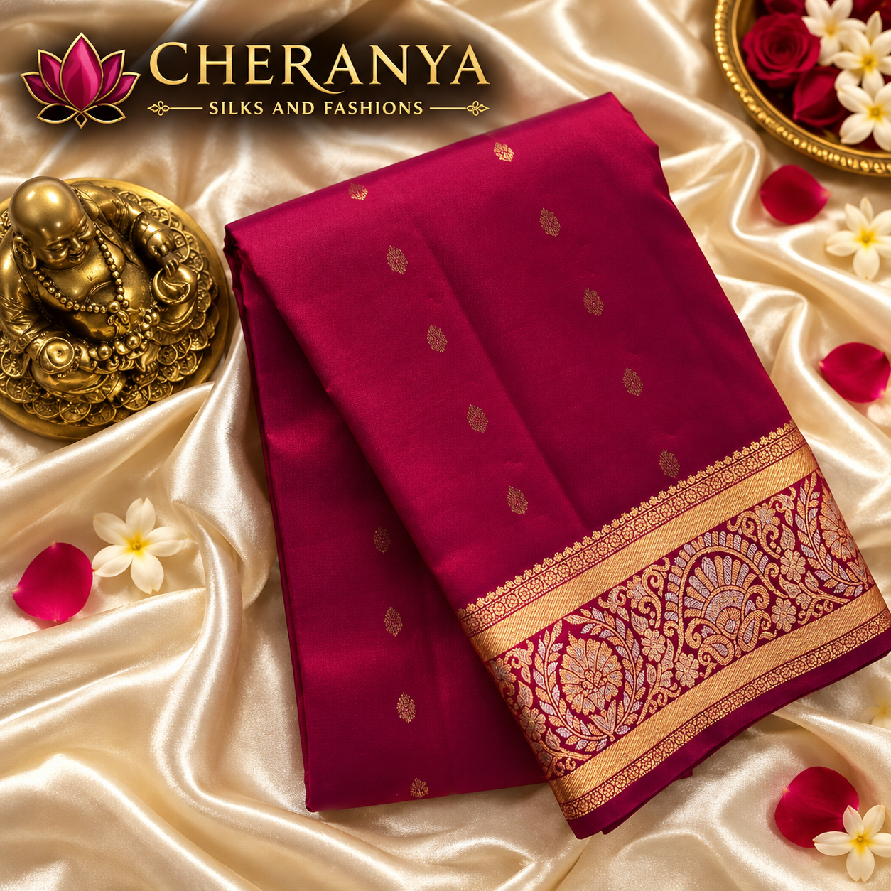 Cheranya Magenta Silk Saree Display — Kanjeevaram Silks