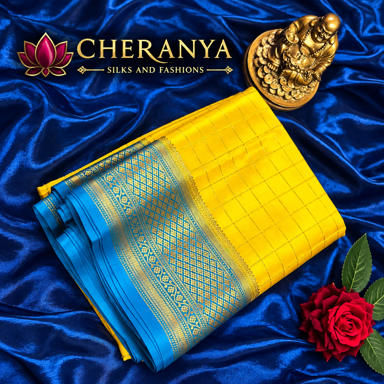 Cheranya Luxury Silk Saree Flatlay — Pure Mysore Crepe
