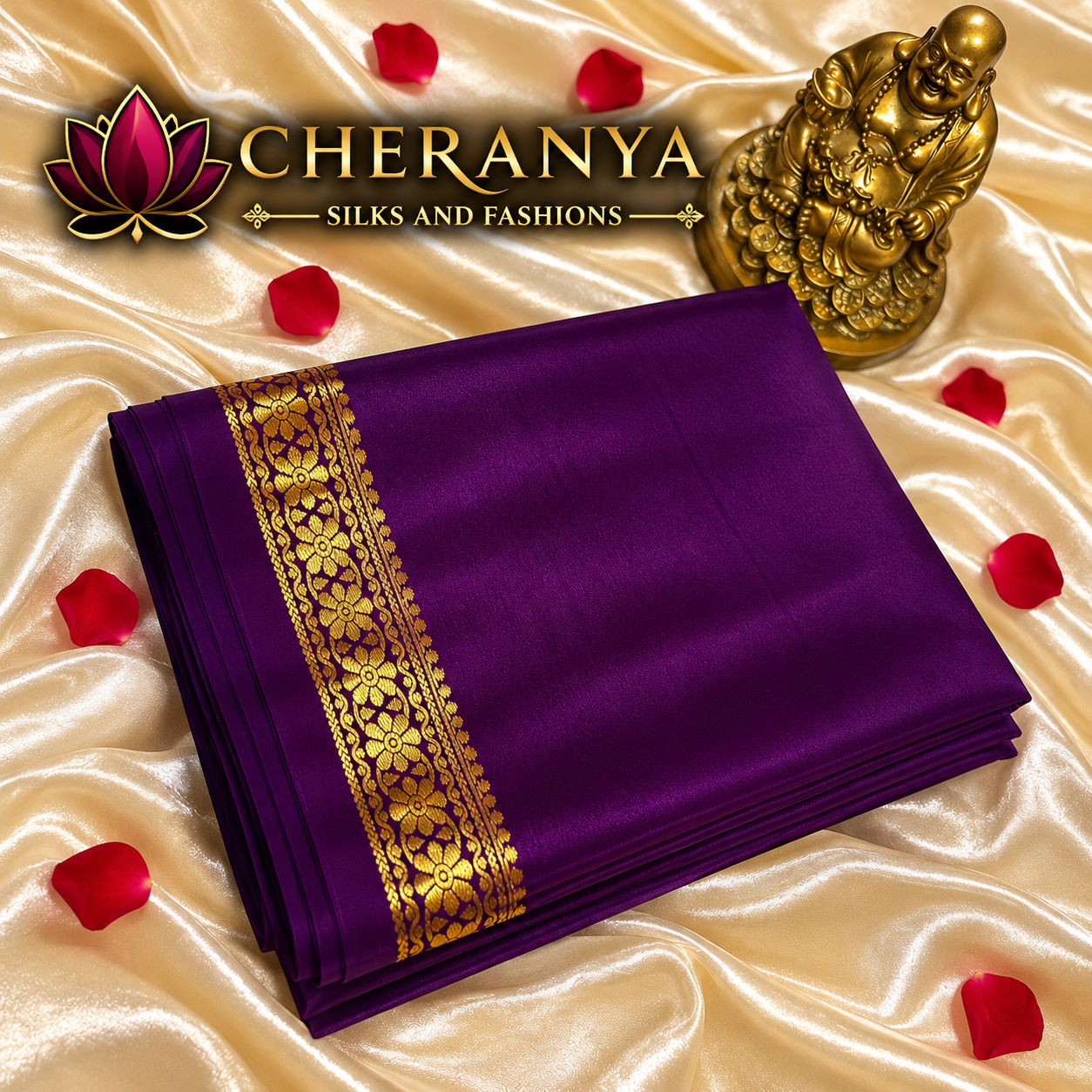 Cheranya Purple Silk Saree Flatlay — Pure Mysore Crepe