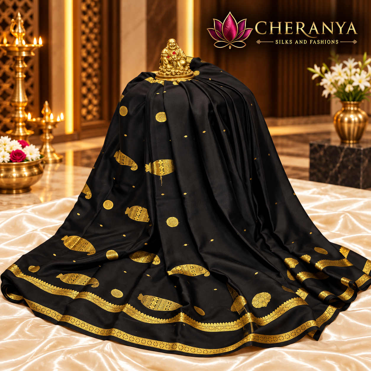 Luxurious Black And Gold Silk Saree Display — Pure Mysore Crepe