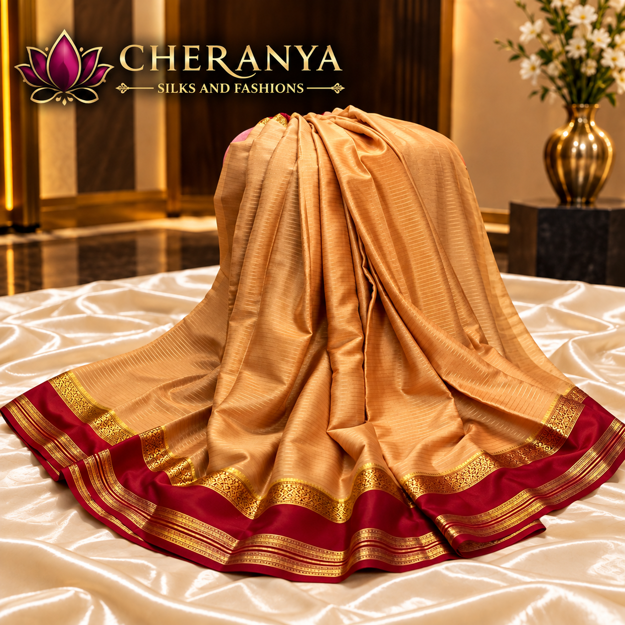 Luxurious Golden Maroon Silk Saree Display — Pure Mysore Crepe