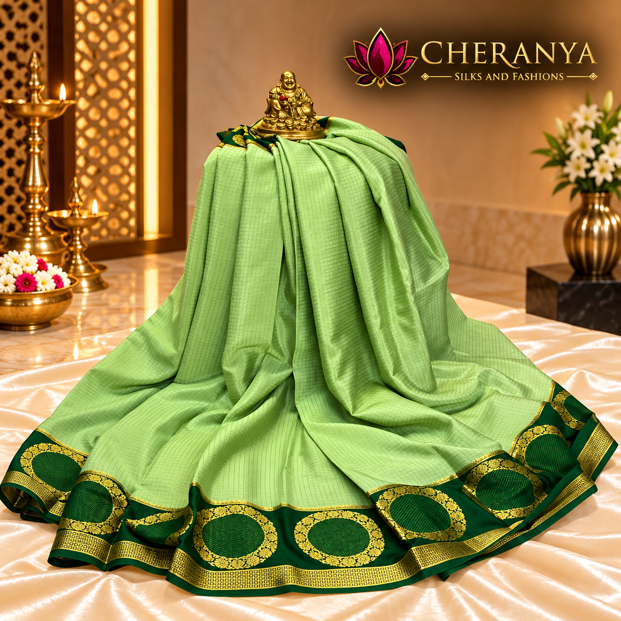 Luxurious Green Silk Saree Display — Pure Mysore Crepe