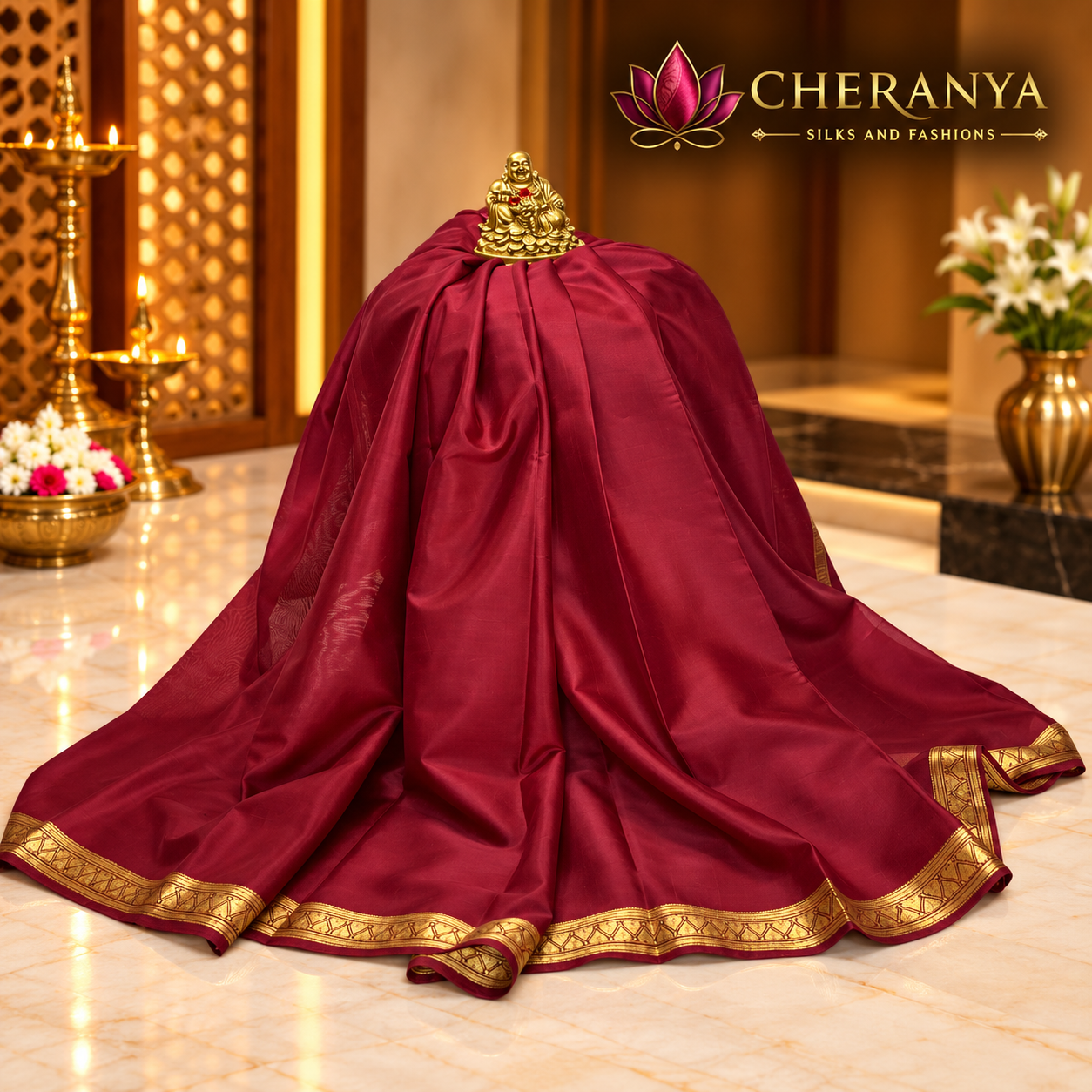 Luxurious Maroon Silk Saree Display — Pure Mysore Crepe