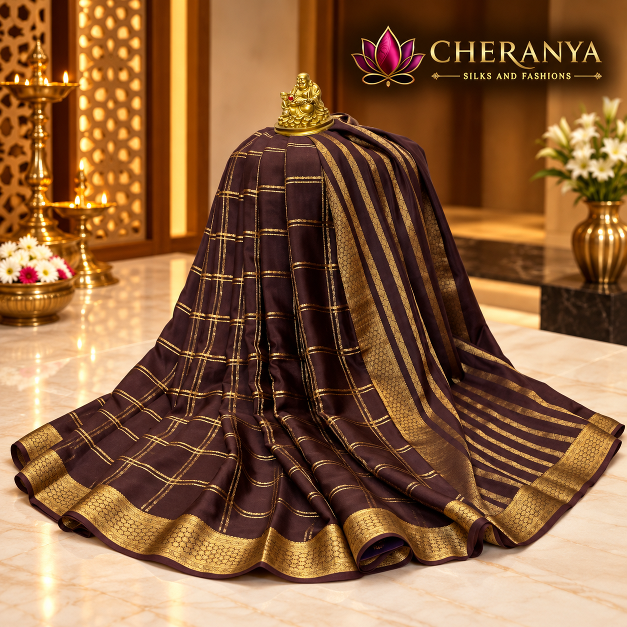 Luxurious Plum Silk Saree Display — Pure Mysore Crepe