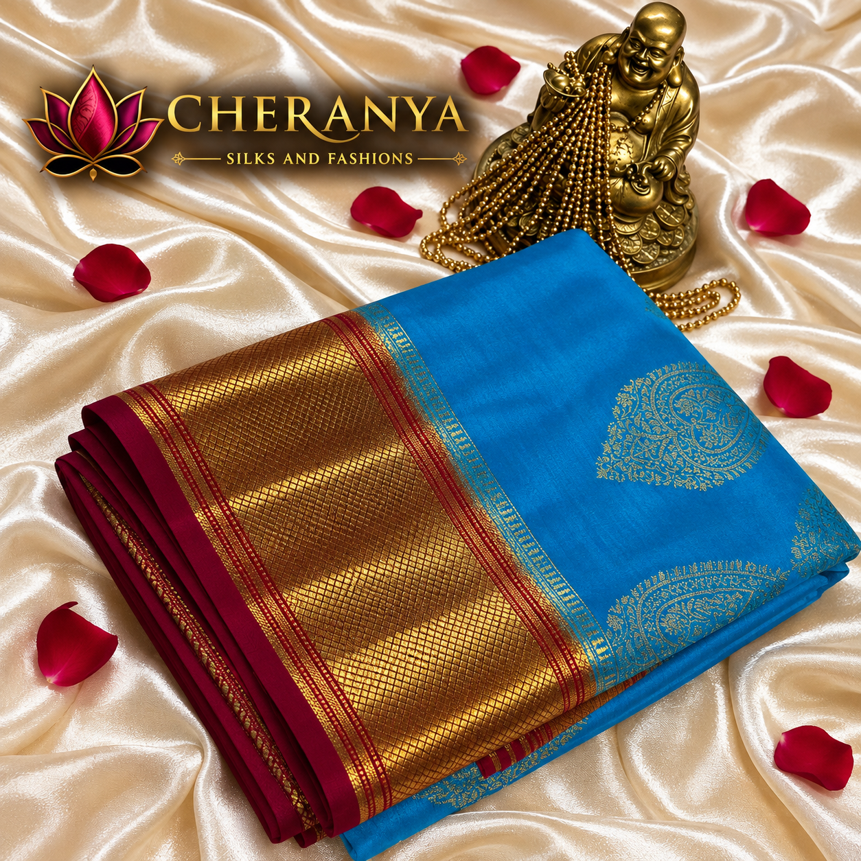 Luxurious Turquoise Silk Saree Flat Lay — Pure Mysore Crepe
