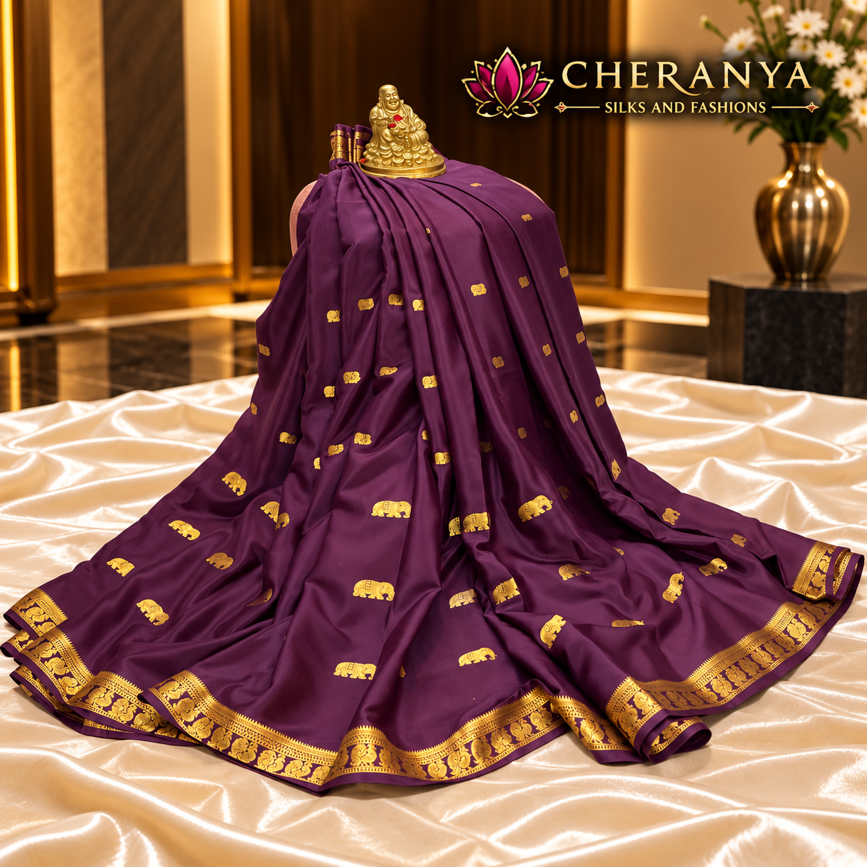 Luxury Plum Silk Saree Display — Pure Mysore Crepe