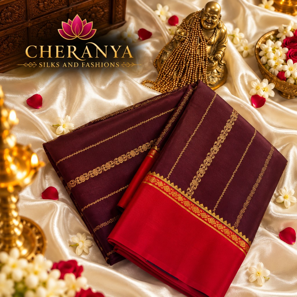 Maroon Gold Zari Saree — Pure Mysore Crepe