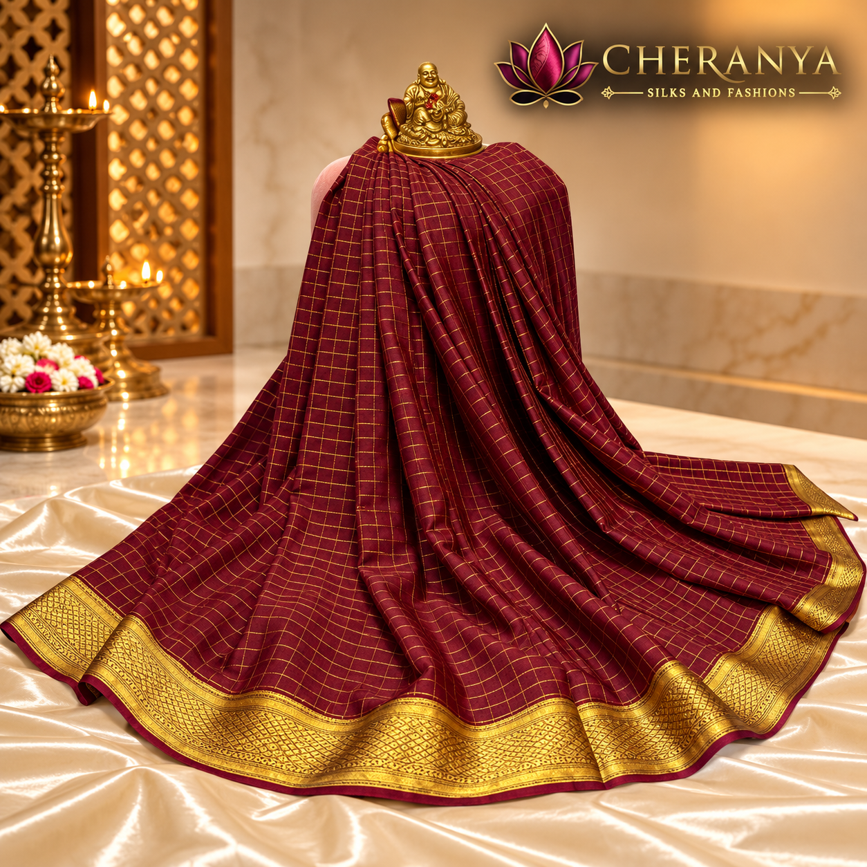 Maroon Silk Saree With Golden Zari Border — Pure Mysore Crepe