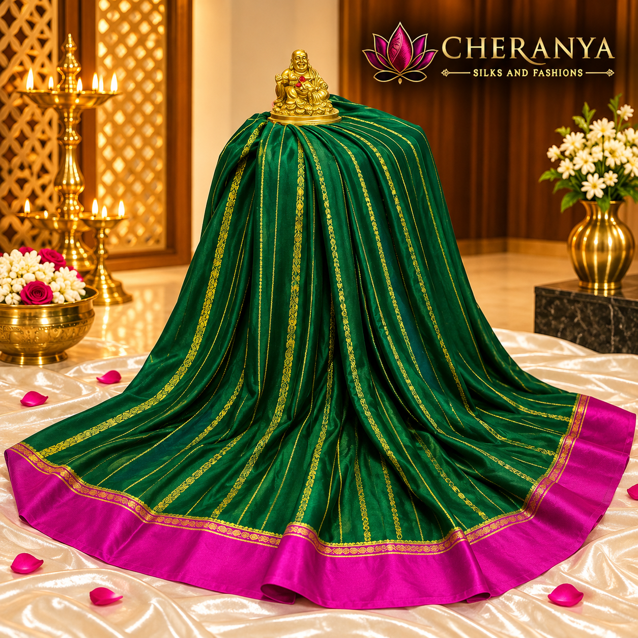 Traditional Emerald Silk Saree Display — Pure Mysore Crepe