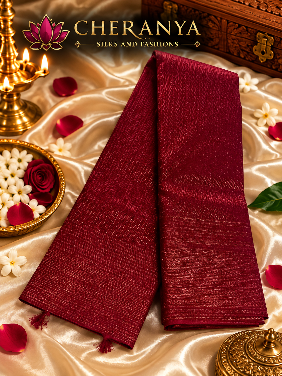Cheranya Maroon Silk Saree Showcase — Tissue Silk