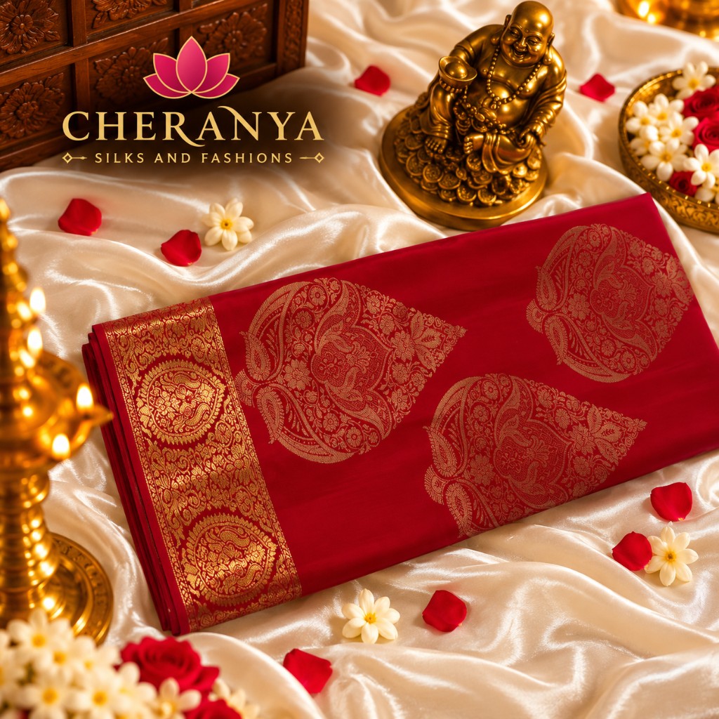 Red silk bridal saree with gold zari at Cheranya Silks